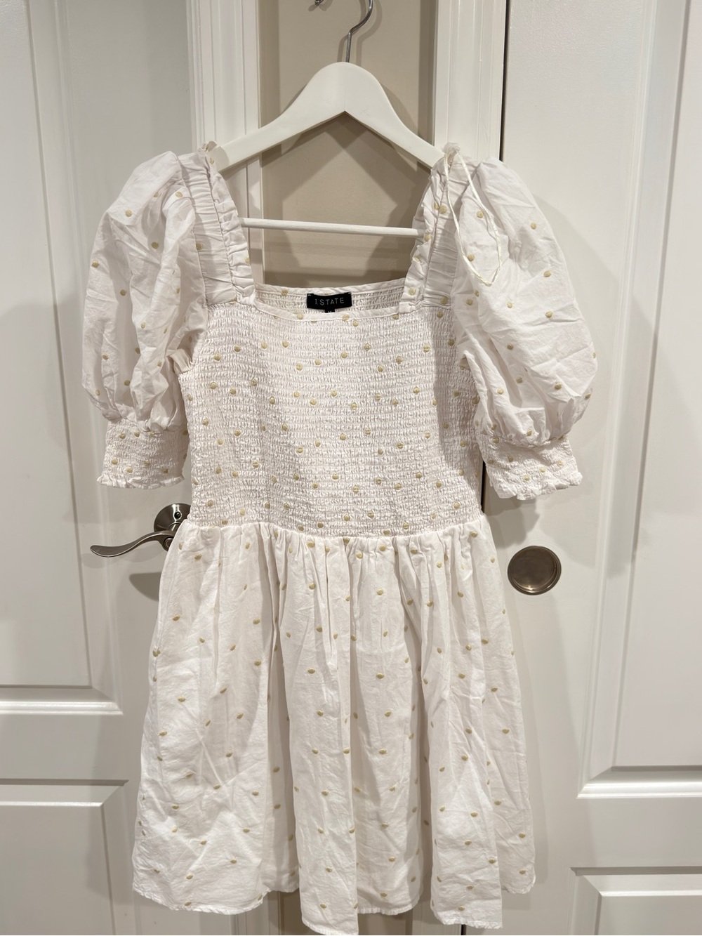 I.STATE White Gold Polka Dot Smocked Babydoll Dress Puff Sleeve Medium